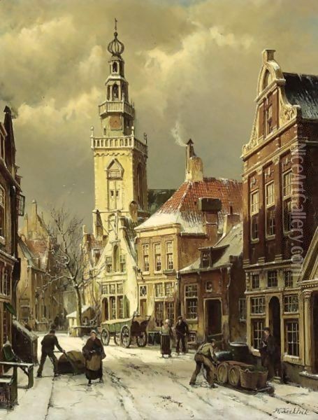 Figures In A Snowy Street, Monnickendam Oil Painting - Willem Koekkoek