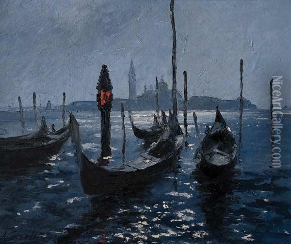 Gondolas En El Gran Canal Oil Painting - Augusto Carelli