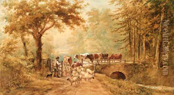 A shepherd driving cattle and sheep over a bridge in a wooded landscape Oil Painting - Henry Earp