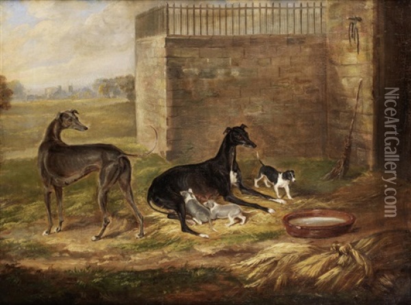 Greyhound Bitch With Puppies Oil Painting - William Webb
