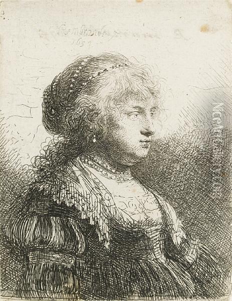 Saskia With Pearls In Her Hair (bartsch 347) Oil Painting - Rembrandt Van Rijn