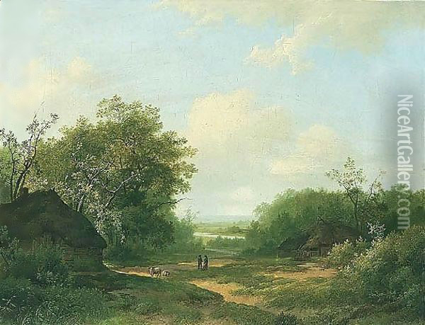 Boerenwoningen In Een Landschap (Cottages In A Landscape) Oil Painting - Marianus Adrianus Koekkoek