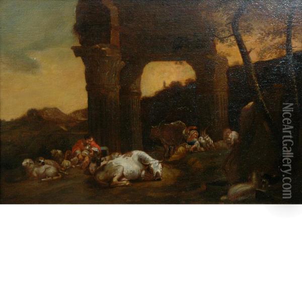Country Folk Resting Beside Roman Ruins Oil Painting - Karel Dujardin