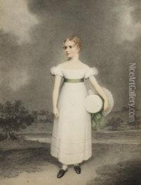 Portrait Of A Young Girl In A White Dress With A Green Sash Holding A Matching Bonnet Oil Painting - Adam Buck