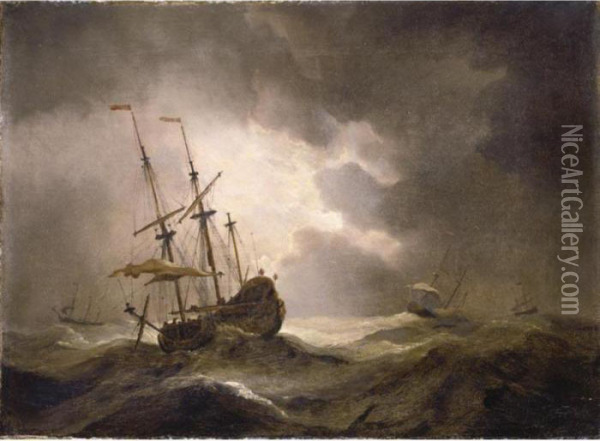 A Merchantman In A Storm, Three Other Ships On The Horizon Oil Painting - Willem van de, the Elder Velde