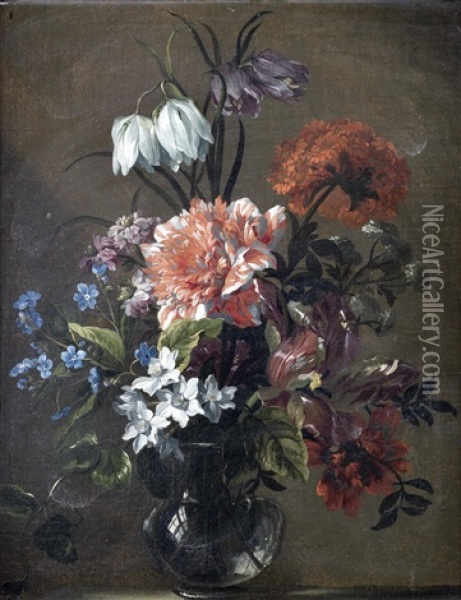 Chrysanthemums, Narcissi, Forget-me-nots And Other Flowers In A Glass Vase Oil Painting - Nicolas Baudesson