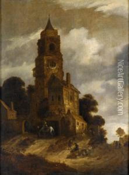 Dorfansicht Mit Kirche Und Landvolk. Oil Painting - Roelof van Vries