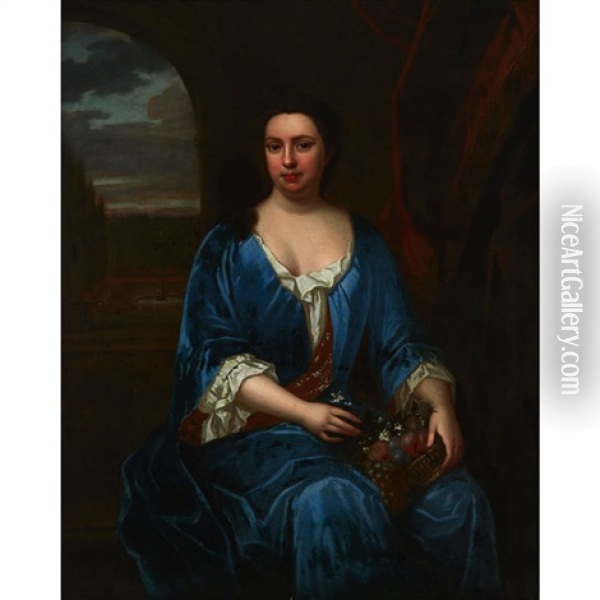 A Lady, Three-quarter Length, In A Blue Dress, Holding A Basket Of Fruit, An Estate Garden Beyond Oil Painting - Sir Peter Lely