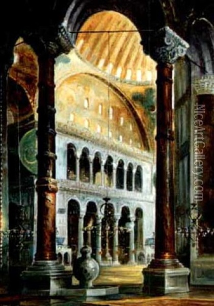 Basilica Interior: Gold Oil Painting - Wladimir Petroff
