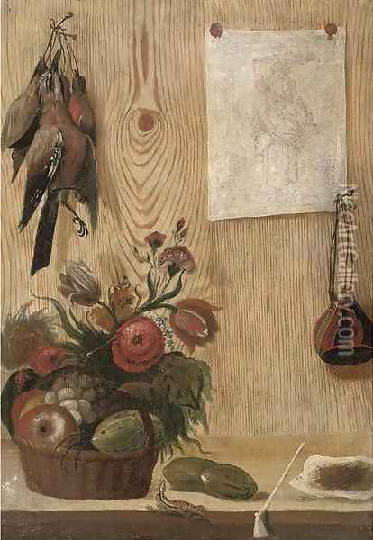 A trompe l'oeil of birds hanging from a nail and a drawing stuck to a woooden partition Oil Painting - French School