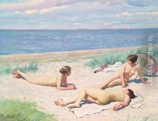 En Sommerdag Pa Stranden (Nude Bathers On A Beach) Oil Painting - Paul-Gustave Fischer