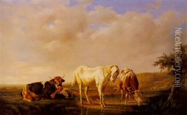 Weidenlandschaft Mit Schimmel, Kuhen Und Schaf Oil Painting - Charles (Jean-Ch. Ferdinand) Humbert