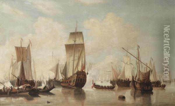 A Yacht And Other Ships Oil Painting - Willem van de, the Elder Velde