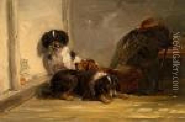 Dogs In An Interior Oil Painting - Thomas Smythe