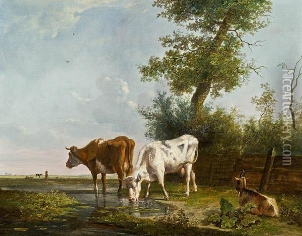 Zwei Kuhe Und Eine Ziege An Einem Gewasser Oil Painting - Jacob Van Stry