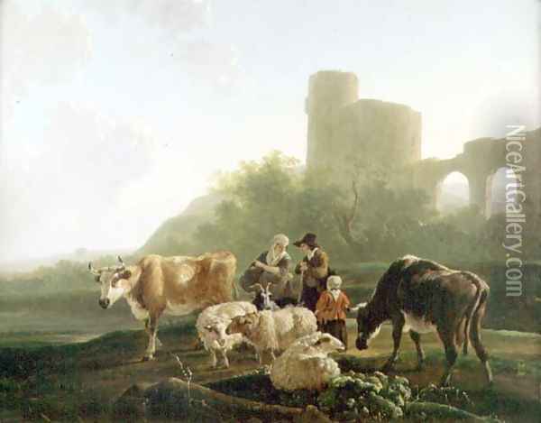 Rustic Figures with Cattle and Sheep Oil Painting - Jacob Van Stry