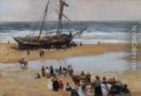 Holiday Makers And Donkeys On A Beach With A Brigantine At The Tideline Oil Painting - John Atkinson