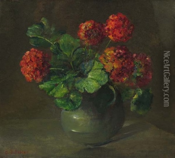 Geraniums In A Green Vase Oil Painting - Charles Porter