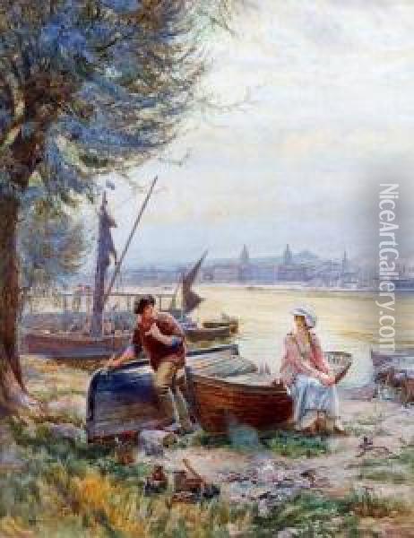 Young Lovers With Boats On The Edge Of The Thames With Greenwich Beyond Oil Painting - Henry Reynolds Steer