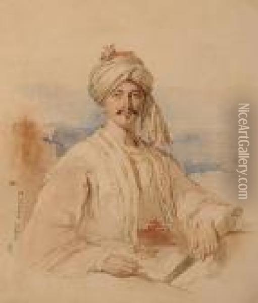 Portrait Of A Gentleman Bust Length, Wearing Turkish Dress. Oil Painting - Kenneth Macleay