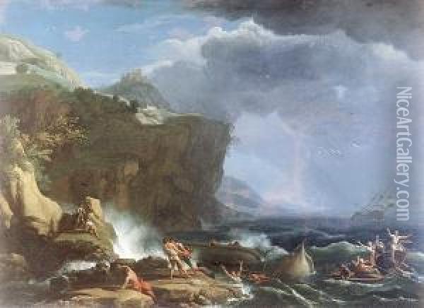 A Rocky Coastline In A Storm With Figures Rowing To Safety From A Shipwreck Oil Painting - Carlo Bonavia