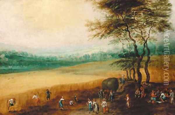 A summer landscape with peasants harvesting Oil Painting - Josse de Momper