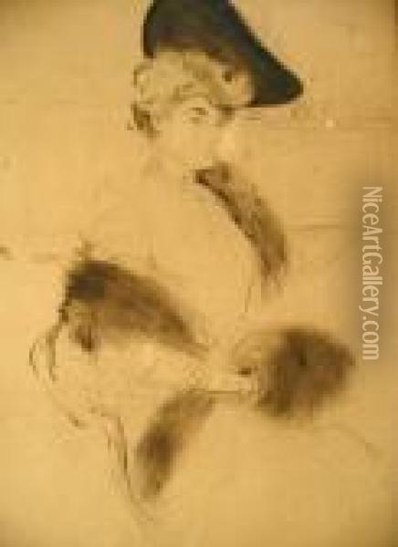 Portrait Of A Woman With Fur Stole Oil Painting - Paul Cesar Helleu
