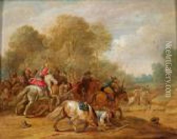 Battaglia Di Cavalieri In Un Paesaggio Boschivo Oil Painting - Pieter Meulenaer