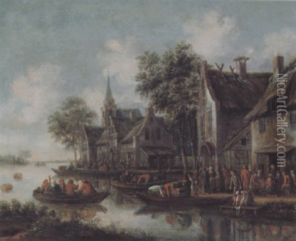 Dorf An Einem Fluss Mit Vielen Figuren Und Booten Oil Painting - Thomas Heeremans