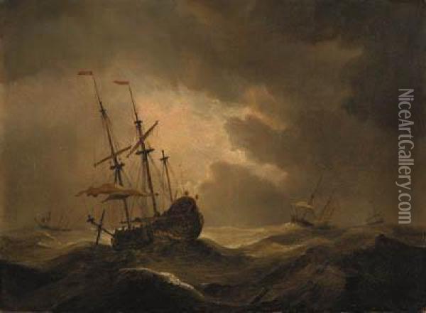 A Merchantman In A Storm With Other Shipping Beyond Oil Painting - Willem van de, the Elder Velde