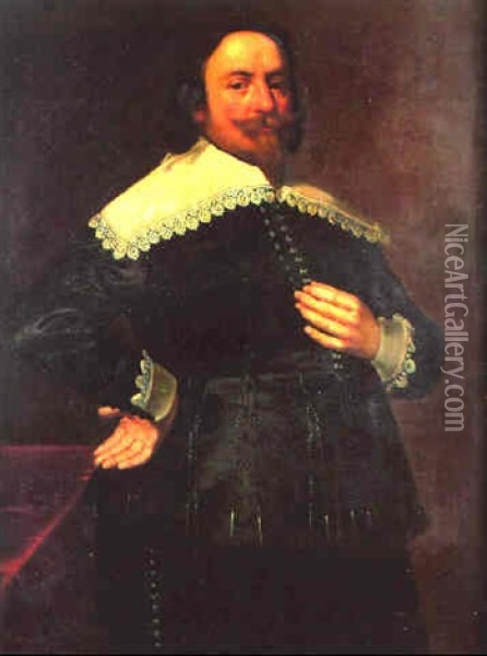 Portrait Of A Gentleman, Three Quarter Length, Wearing A Black Silk Costume Oil Painting - Gerrit Van Honthorst