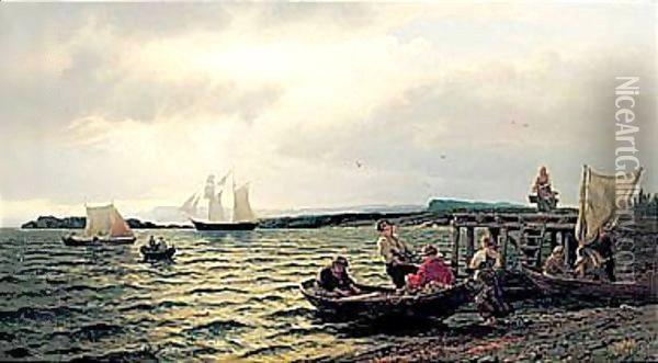 Fiskere Som Bringer Fangsten I Land (Landing The Catch) Oil Painting - Hans Fredrik Gude