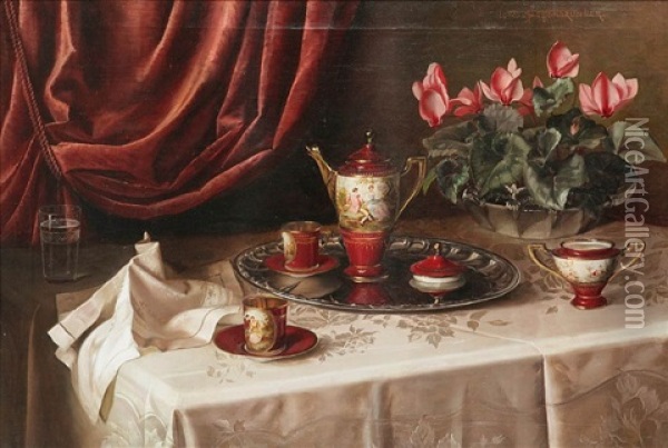 Still Life With Porcelain Tea Service, Napkin And Flowers In A Dish On A Table Oil Painting - Ignaz Schoenbrunner the Elder