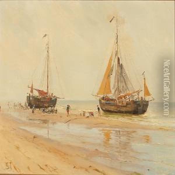 Coastal Scene Withtwo Sailing Ships On The Beach, Presumably On Fano Island Oil Painting - Carl Martin Soya-Jensen
