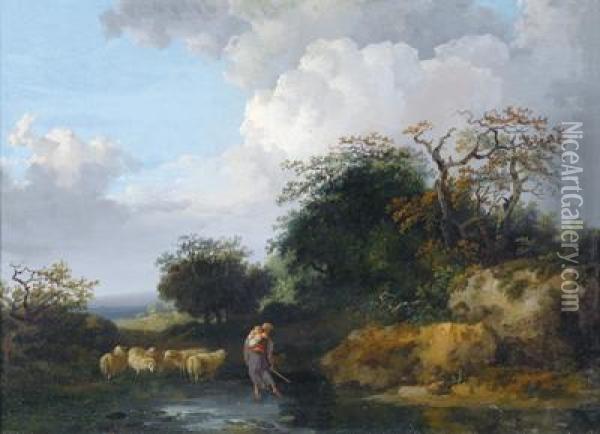 Paesaggio Fluviale Boschivo Con Una Pastora E Un Gregge Di Pecore Oil Painting - Jacques Antoine Vallin