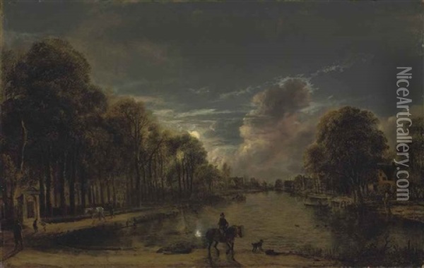 A Moonlit Wooded Landscape With A Rider And Other Figures By A Canal, A Village Beyond Oil Painting - Aert van der Neer