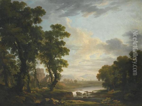 An Extensive Wooded River 
Landscape, With Shepherds Reclining In The Foreground And Ruins Beyond Oil Painting - George Cuitt
