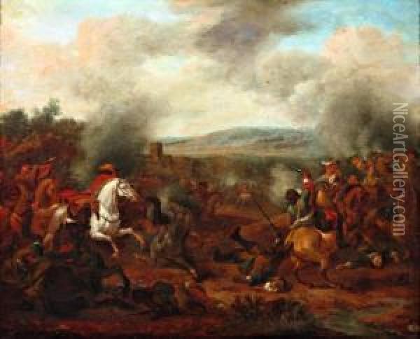 Ruitergevecht In Heuvellandschap Oil Painting - Jan von Huchtenburgh