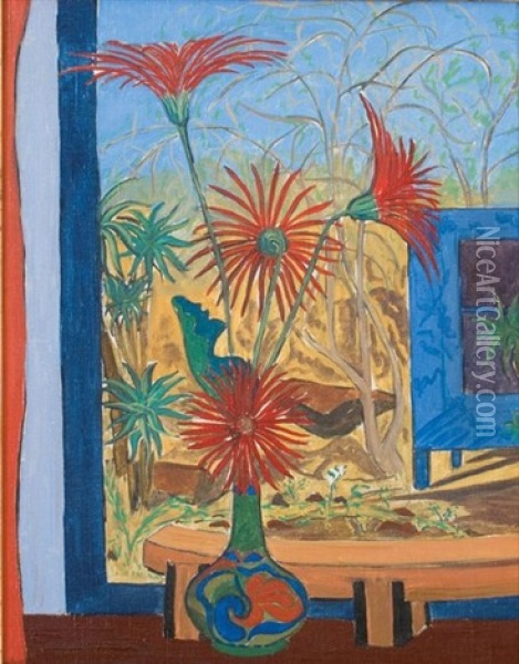 A Still Life Of Gerberas In A Blue, Green And Red Vase, And A View Through A Window Oil Painting - Rosamund King Everard-Steenkamp