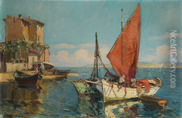 Fishing Boats In A Harbour, Martigues Oil Painting - Georgi Alexandrovich Lapchine