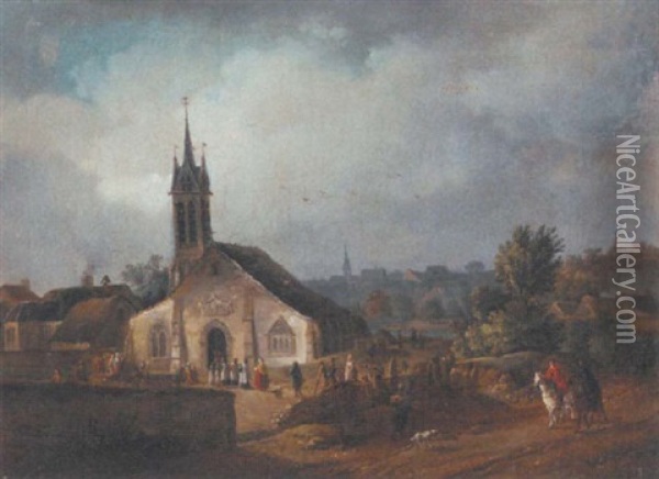 A Country Church Will Villagers And Horseman On A Nearby Track Oil Painting - Johann Christian Brand
