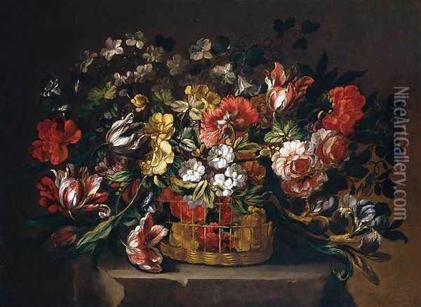 Flowers in a Basket 1680s Oil Painting - Gabriel De La Corte
