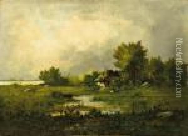 Avant L'orage: A Farm In A Landscape Oil Painting - Leon Richet