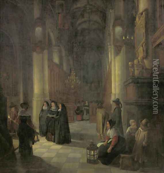 Elegant women and other townsfolk in the aisle of a Gothic church at night Oil Painting - Anthonie De Lorme