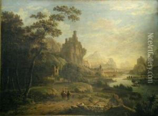 Travelers Overlooking A Fantastic Landscape Oil Painting - A.H. Van Boons