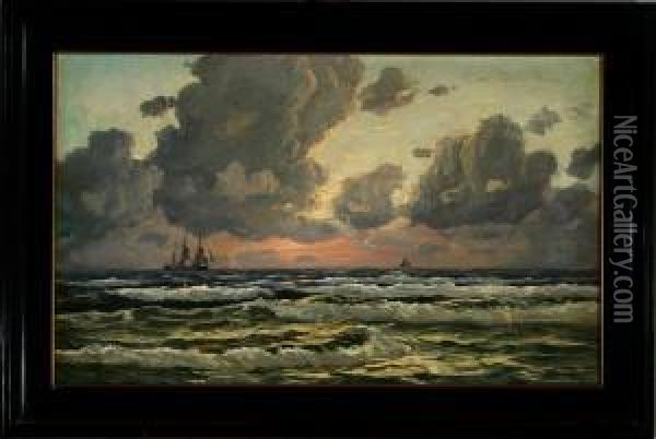 Marine With A Barque Sailing In The Horizont During Sunset Oil Painting - Alfred Theodor Olsen