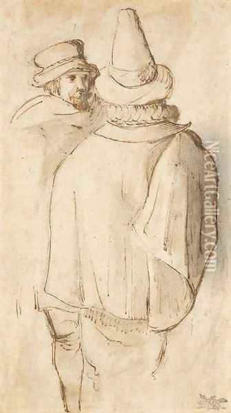 A figure, seen three-quarter-length from behind, in a tall hat and cloak, another man beyond Oil Painting - Gillis van Coninxloo