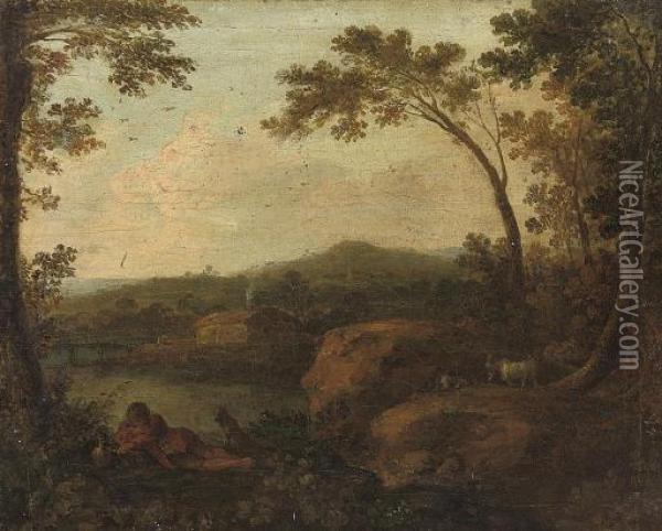 A Classical Wooded River 
Landscape, With A Shepherd At Rest In The Foreground With His Dog, A 
Cottage Beyond Oil Painting - John Wootton