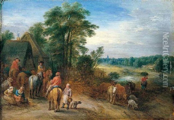 Boors Resting Before A Tavern, With Cattle By A Stream Beyond Oil Painting - Theobald Michau