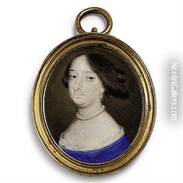 A Lady, In White-bordered Blue Dress, Pearl Necklace, Drop-pearl Earring, Dark Upswept Hair Oil Painting - Richard Gibson